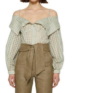 Jonathan Simkhai Paulina Windowpane Cotton Silk Top in Celadon Size XS